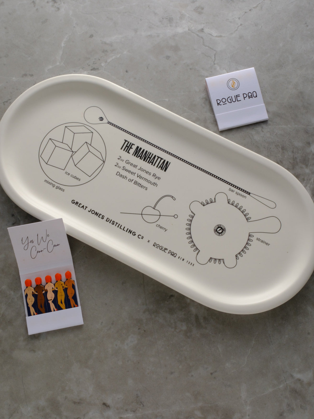 Beautiful porcelain valet tray created to display how to make a perfect Manhattan cocktail. Styled with matches.