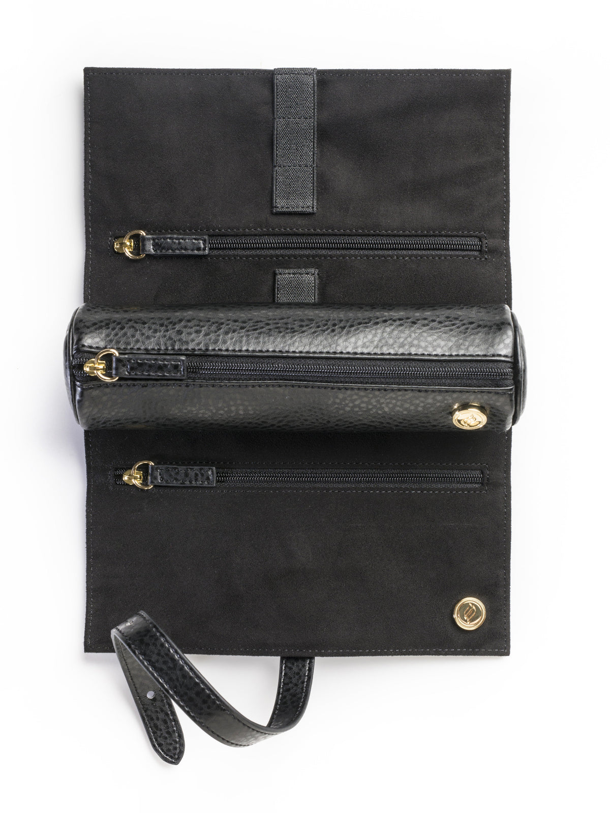 The Vegan Ritual Case shown fully unrolled and open. The interior is lined with ultra-soft black vegan suede and features strong elastic loops to securely hold tools, alongside two deep pockets for papers and flower.