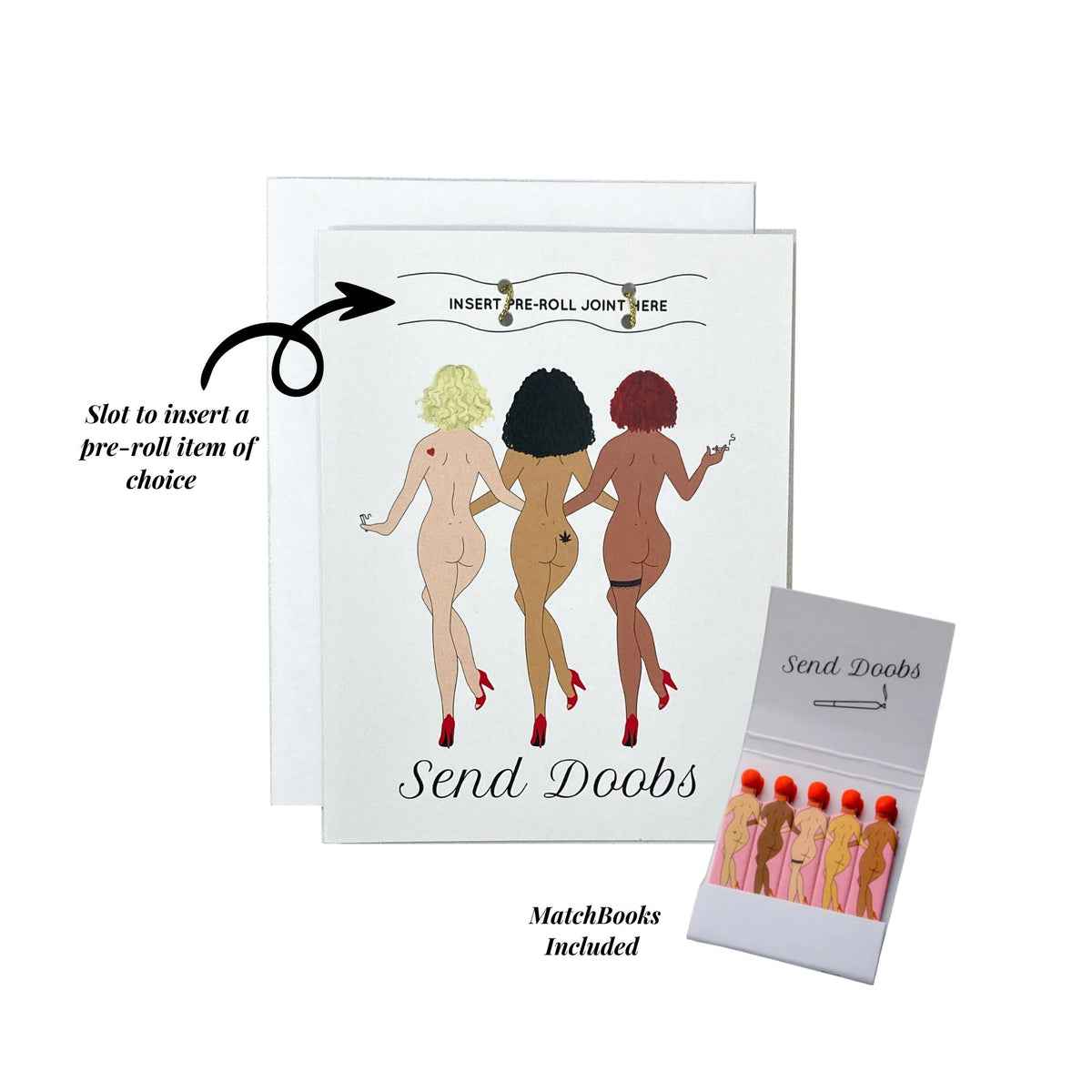 Kush Kards 'gift with a lift' cannabis greeting card in premium cardstock; featuring the exclusive Rogue Paq 'Send Doobs' design for a memorable and functional gifting experience