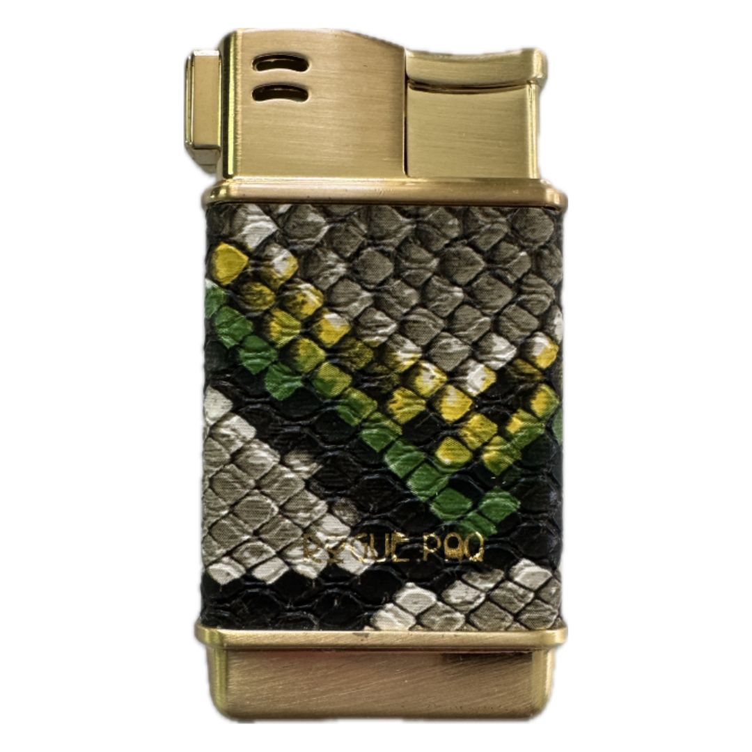 A close-up of the exotic vegan snakeskin-pattern lighter in Yellow, and Green. The image highlights the unique, natural variability of the scales, ensuring no two lighters are exactly alike, set against a high-polish gold frame.