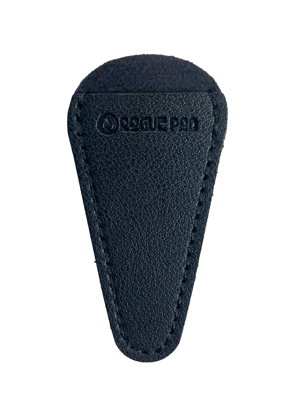 Close up of the vegan leather blade cover embossed with the Rogue Paq logo. The cover makes the scissors safe for travel.