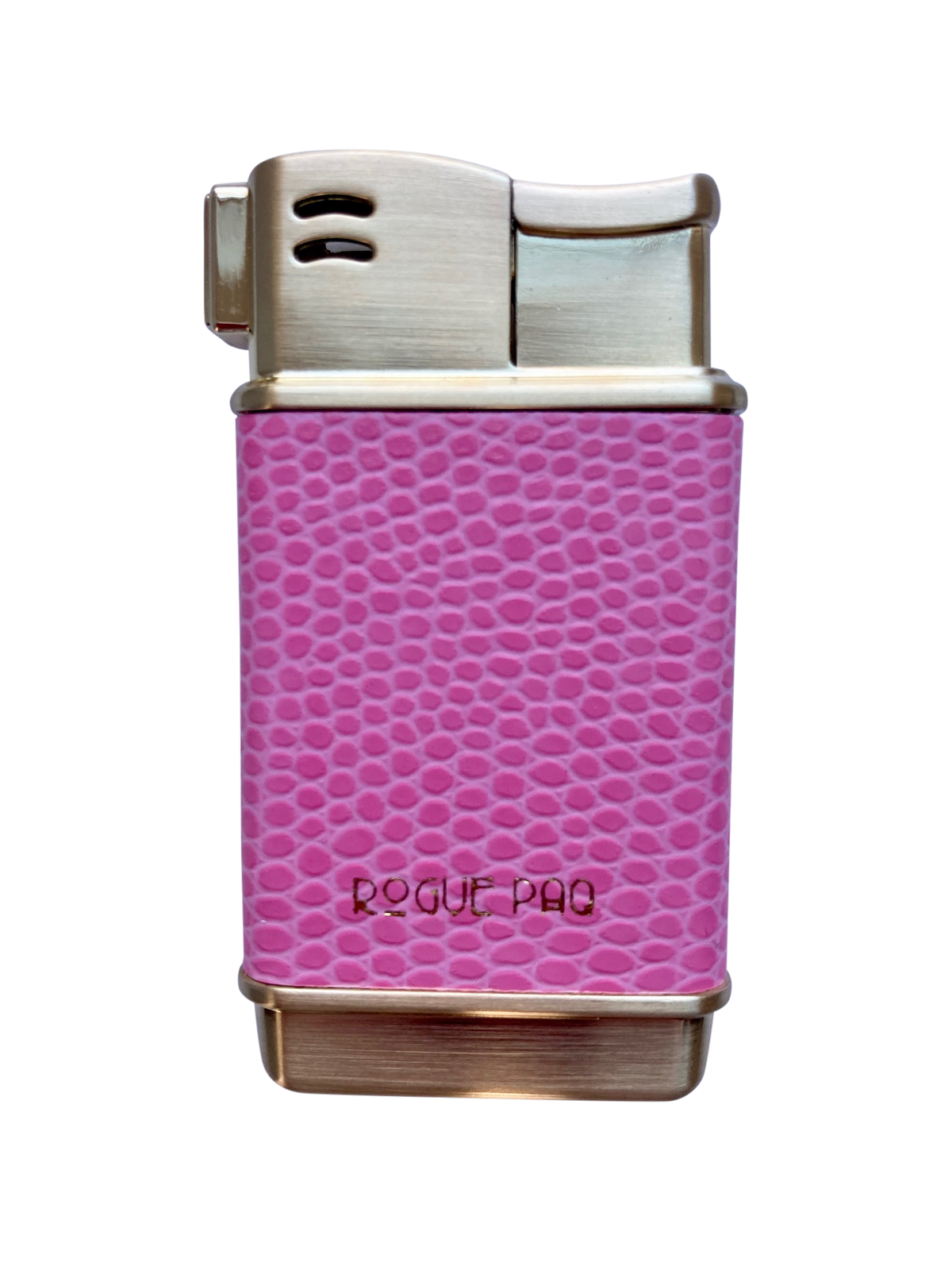 A refillable gold-tone lighter featuring a bright bubblegum pink lizard textured wrap. The playful, high-contrast feminine color is paired with professional-grade hardware, offering a true luxury aesthetic.