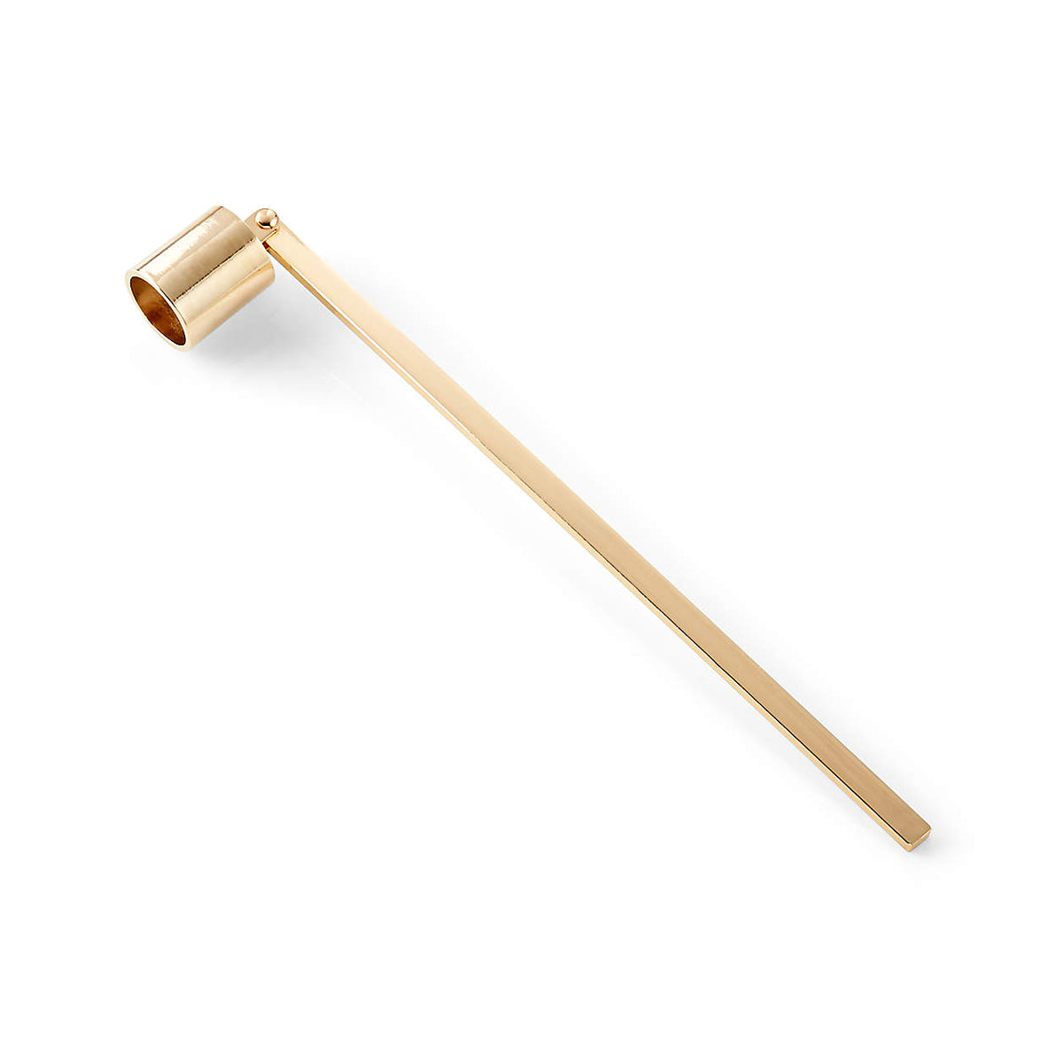 A detailed shot of the gold candle snuffer. It features a bell-shaped head on a 180-degree pivot, designed to extinguish flames gracefully from any angle without causing smoke or wax splatter.