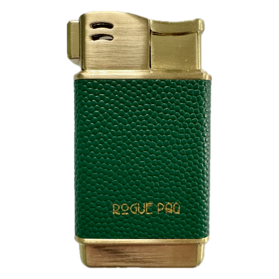 Rogue Paq refillable butane lighter in sophisticated forest green. This forever lighter features a gold-tone finish and high-quality vegan skin, bringing an elevated pop of color to the cannabis ritual.