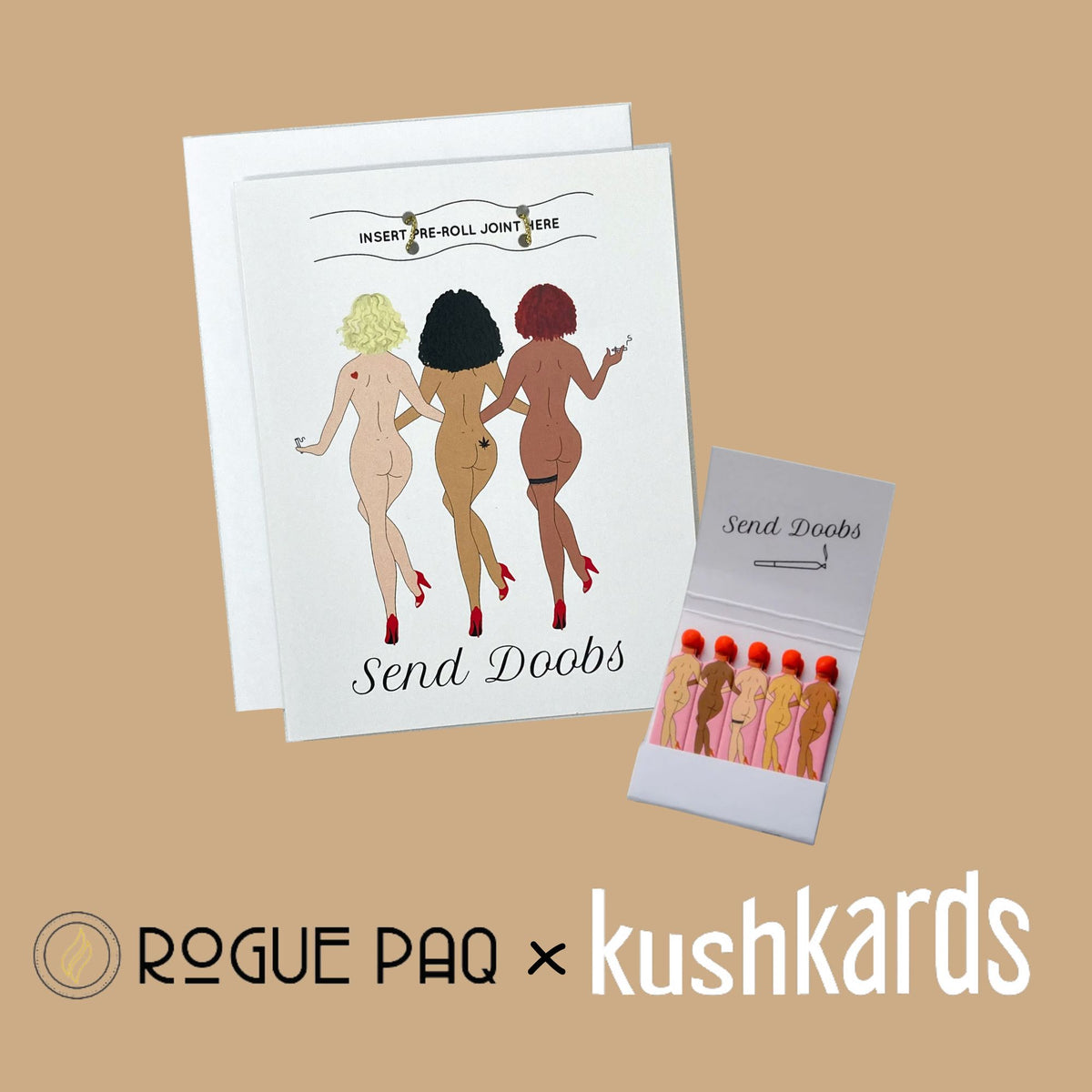 Rogue Paq x Kush Kards 'Send Doobs' greeting card featuring a built-in slot for holding a pre-rolled joint; styled with matching vintage-style SendNudes matches for a complete cannabis lover's gift set.