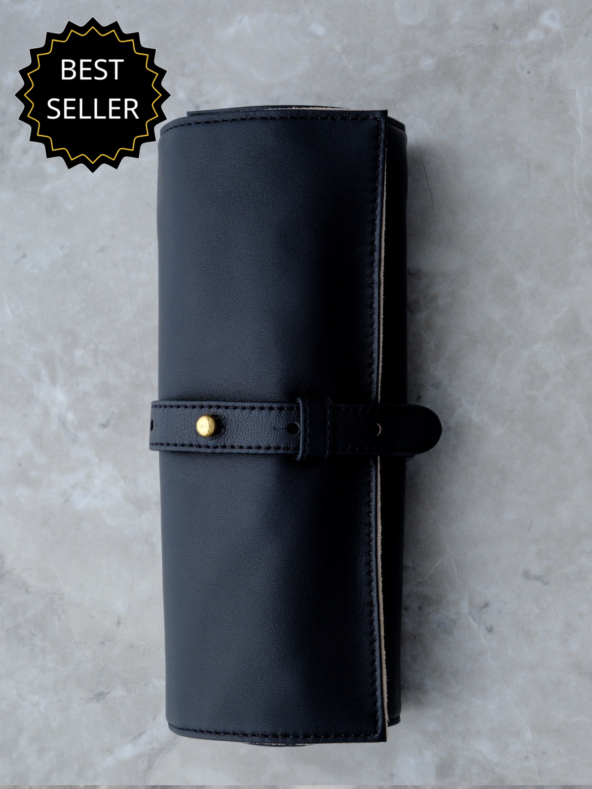 Rogue Paq Cannabis Ritual Case in black lambskin leather, a luxury smell-proof stash bag and travel organizer.