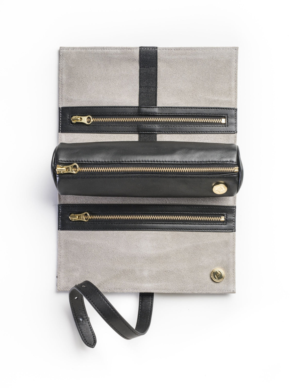 A top-down view of the unrolled black leather Ritual Case. The interior features a luxurious steel gray suede lining with specialized elastic loops for holding gold-toned tools, alongside a removable magnetic storage pouch and deep zippered pockets.