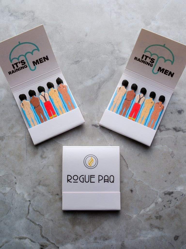 ogue Paq SendNudes Matches: Send Dudes set of 3 premium matchbooks featuring vintage-style male figures—including firemen, sailors, and doctors—for a playful and unique cannabis ritual