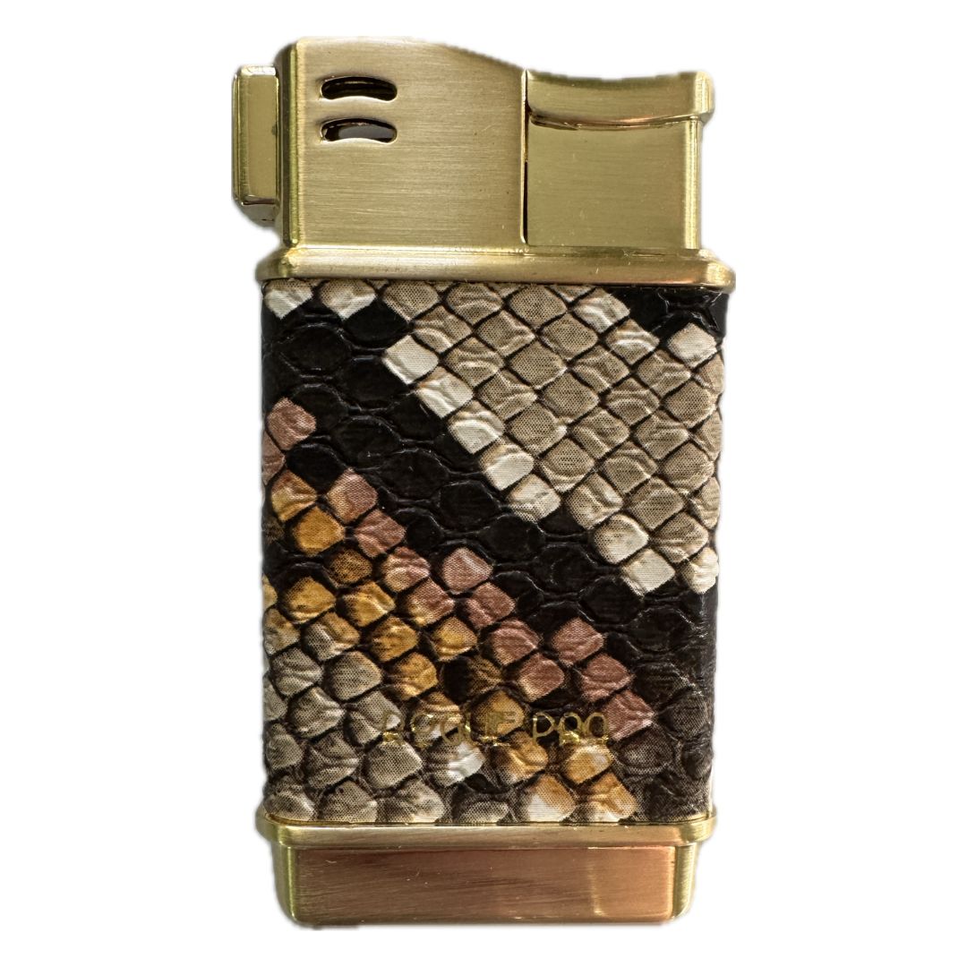 Rogue Paq refillable butane lighter in exotic vegan snakeskin pattern in Rose and Apricot. The image highlights the unique, natural variability of the scales, ensuring no two lighters are exactly alike, set against a high-polish gold frame. This forever luxury lighter features a gold-tone finish and high-quality vegan skin, bringing a beautiful pattern to the cannabis ritual.