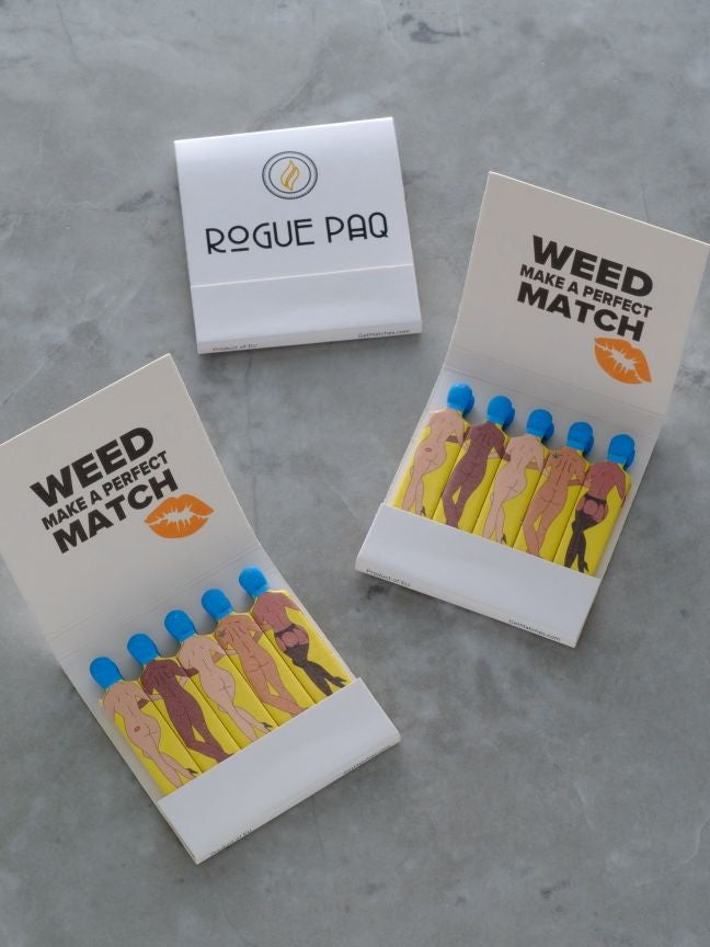 Rogue Paq SendNudes Matches: Weed Make A Perfect Match set of 3 premium matchbooks featuring vintage-style figures with distinctive blue hair for a whimsical cannabis ritual.