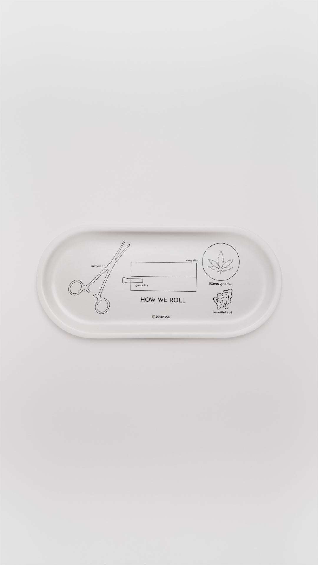 Close-up of the 'How We Roll' porcelain valet tray showing step-by-step black line illustrations of hands rolling a joint; a functional and artistic guide for the modern smoker.
