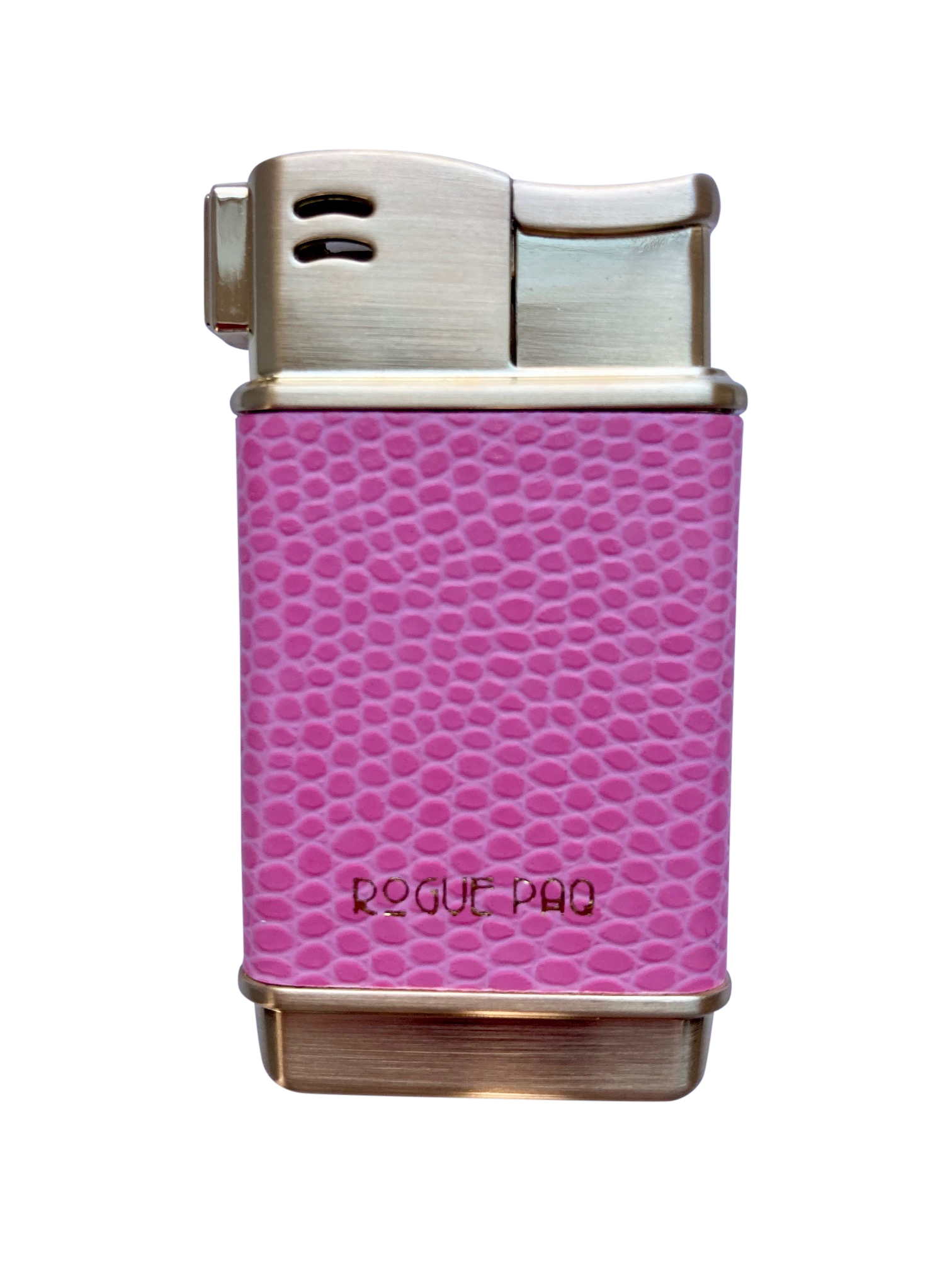A refillable gold-tone lighter featuring a bright bubblegum pink lizard textured wrap. The playful, high-contrast feminine color is paired with professional-grade hardware, offering a true luxury aesthetic.