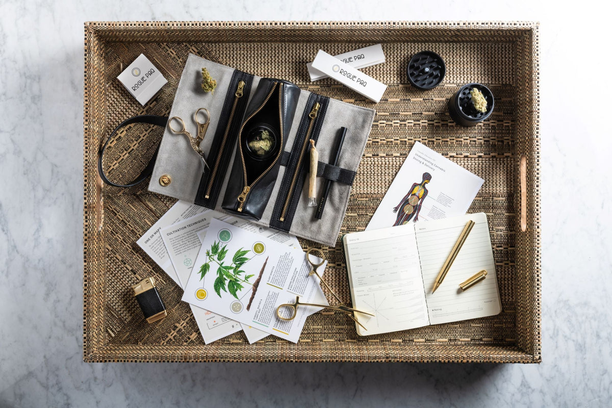 Complete collection of Rogue Paq accessories including SendNudes matches, rolling papers, and grease pencil; the 'presidential suite' of smoking accessories for the modern connoisseur. The collection is arranged to showcase a complete, elevated cannabis ritual system.