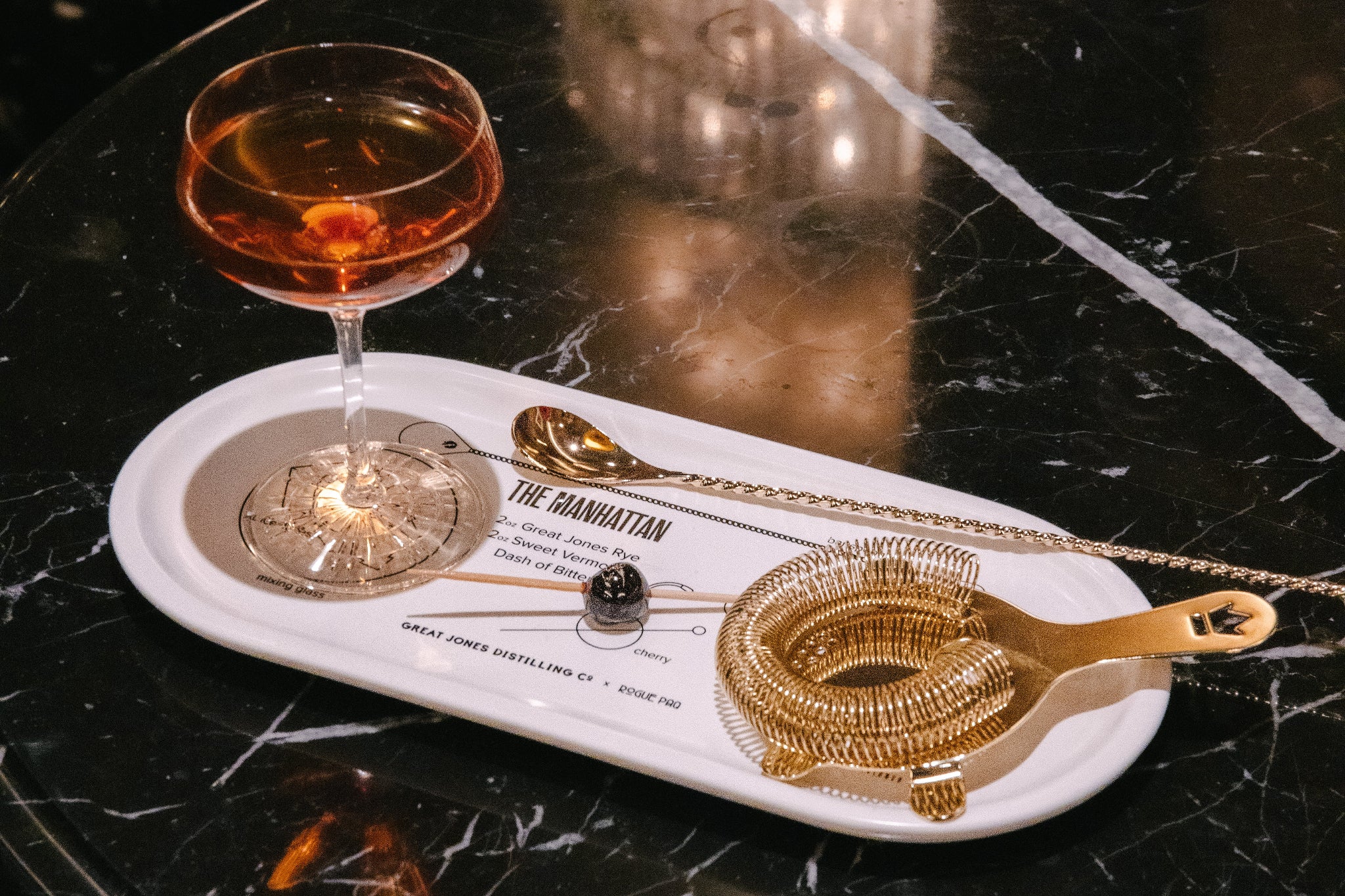 The Manhattan valet tray shown with the items illustrated on the tray itself used to make a perfect Manhattan cocktail. 