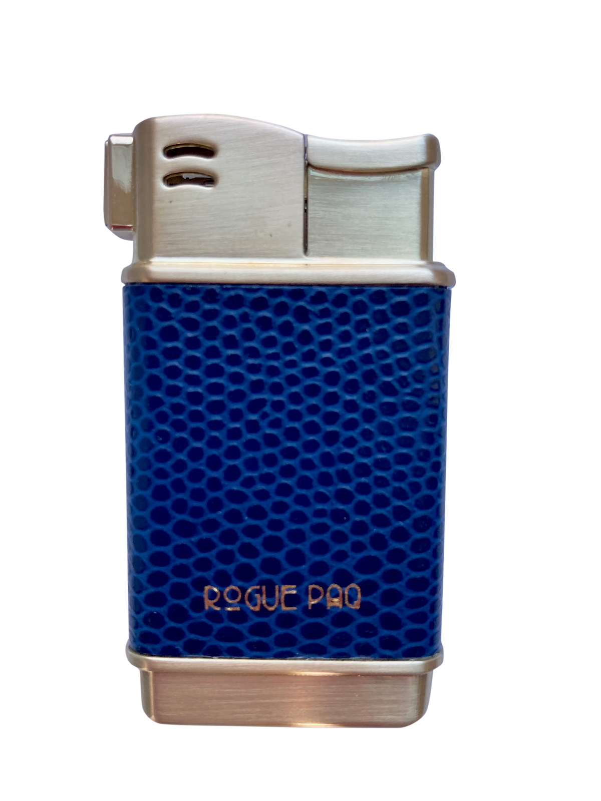 A Marine navy blue refillable lighter. The deep blue vegan lizard-skin texture is stamped with a subtle gold foil Rogue Paq logo, emphasizing the commitment to premium materials and craft. This luxury cannabis accessory is both subtle and chic.