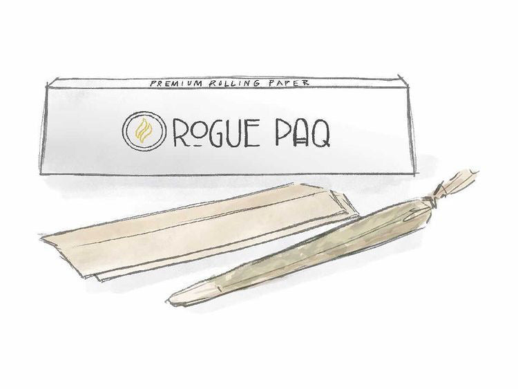 Beautiful illustration of a book of Rogue Paq King Slim all natural hemp rolling papers along with a joint.