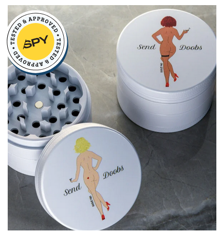 SendNudes ceramic grinder styled as a chic cannabis accessory; a high-performance tool endorsed by Spy Magazine as a 'Best of Ceramic Grinders' pick