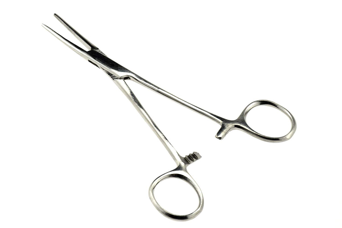 Rogue Paq Stainless Steel Hemostat Packing Tool & Joint Clip in silver finish open and on a clean white background