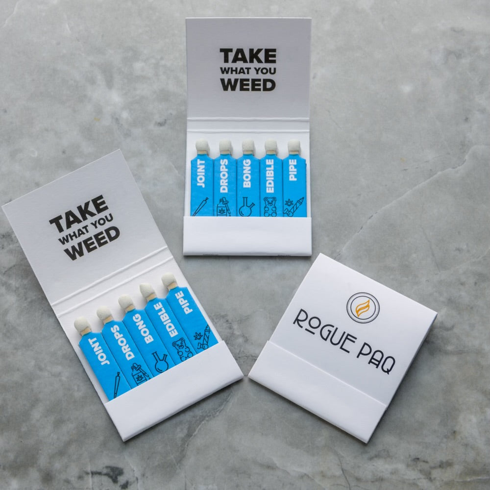 Close-up of Rogue Paq safety matches with the 'Take What You Weed' cover art; a thoughtful and functional accessory designed to bring intention to your smoking session