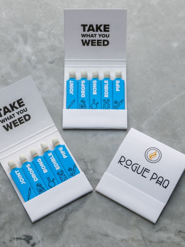 Rogue Paq 'Take What You Weed' matches; set of 3 matchbooks inspired by classic 'Take What You Need' street signs, featuring a clean and whimsical tear-off design