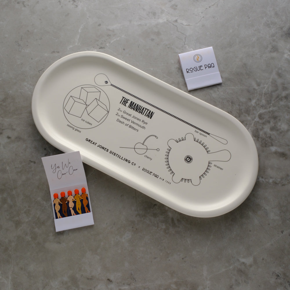 Beautiful porcelain valet tray created to display how to make a perfect Manhattan cocktail.  Styled with matches.