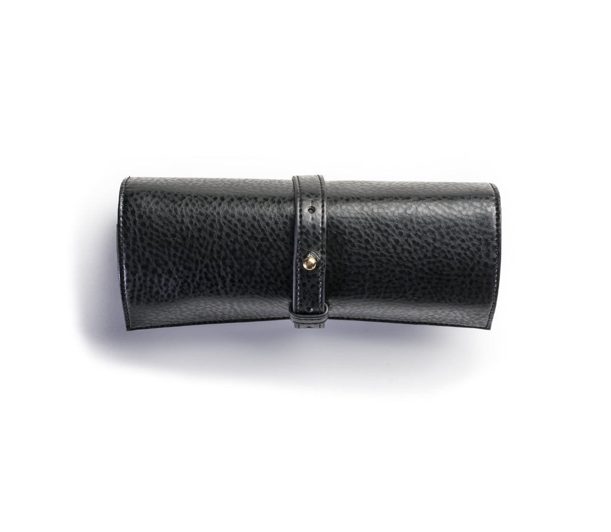 A studio shot of the Rogue Paq Vegan Leather carrier rolled horizontally against a white background. The clean lines and uniform pebbled texture highlight the professional craftsmanship of this scent-suppressant stash bag.