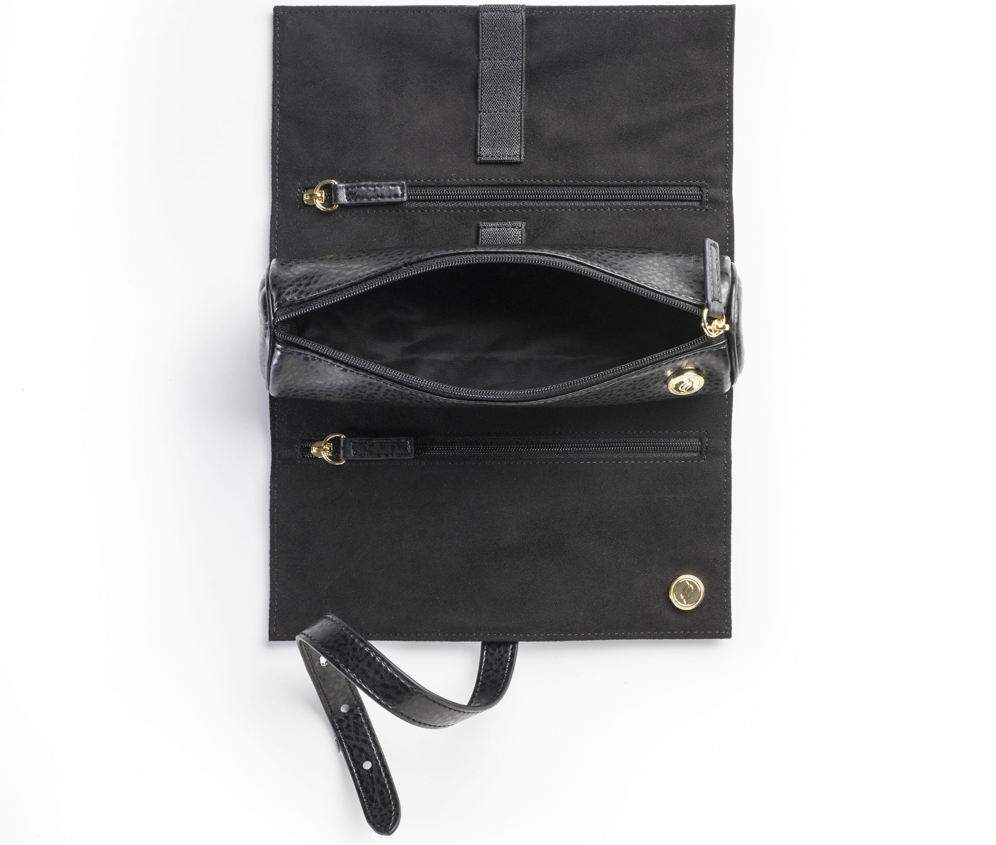 A detailed view of the internal storage pouch open inside the main case. This padded, scent-suppressant vegan leather pouch is designed to hold a grinder and glass storage jars, attaching securely to the main case via hidden magnets.