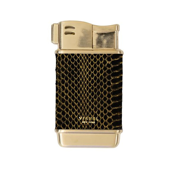 Rogue Paq x Vianel refillable butane lighter in black and gold snakeskin. This forever lighter features a gold-tone finish and high-quality skin, bringing a rich texture to the cannabis ritual.