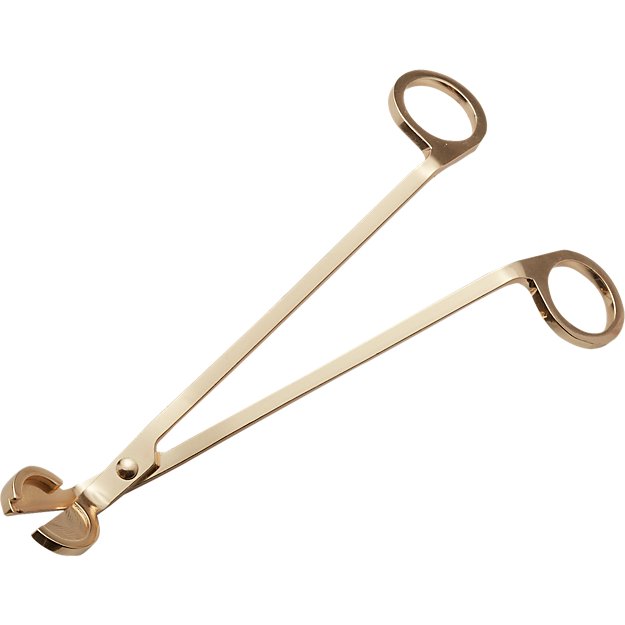 Close-up of the gold-toned candle wick trimmer. The design features a specialized circular debris "tray" to catch charred wick ends, ensuring a clean burn for organic soy candles. The Rogue Paq logo is subtly engraved on the handle.