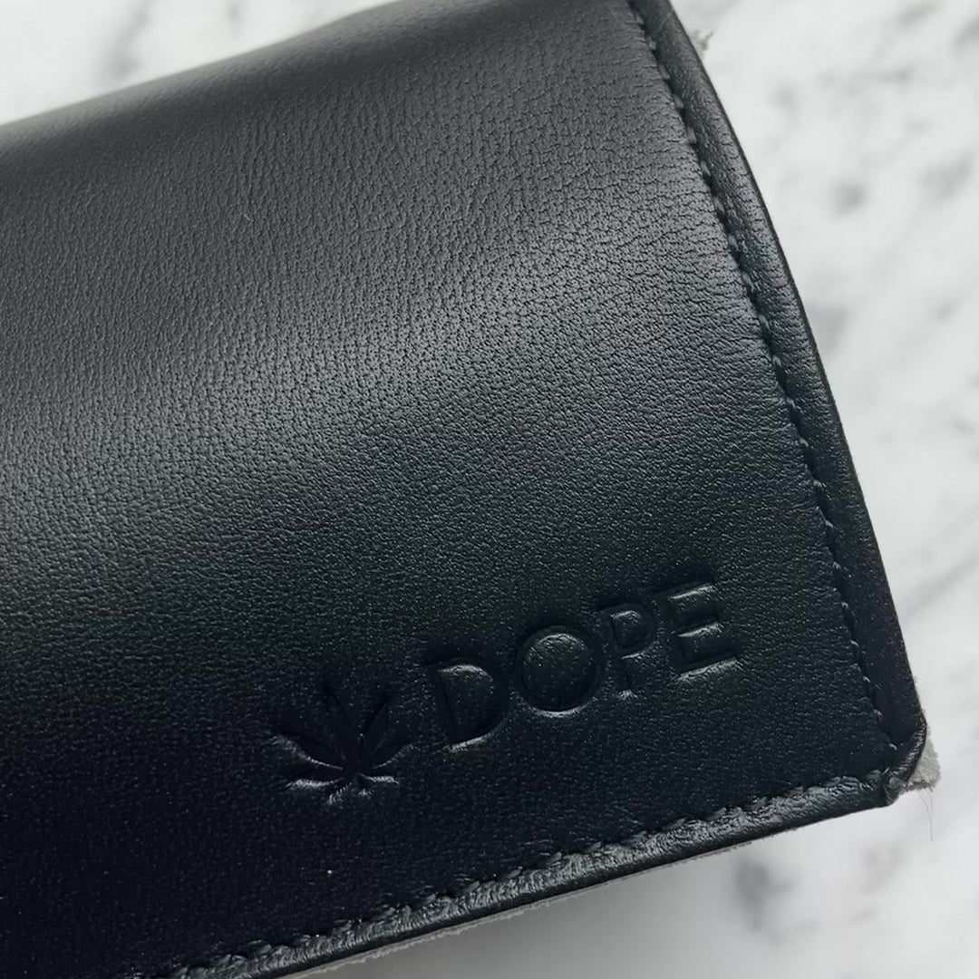 Video showing the hand skivved edges of the lambskin case as well as personalized monogram with special cannabis leaf character.